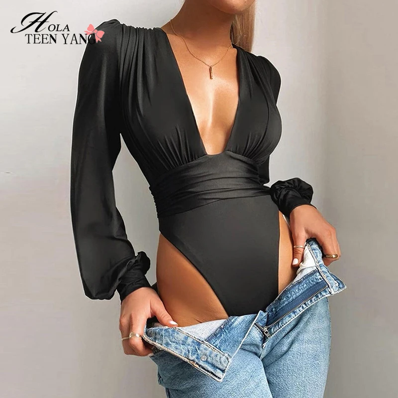 

Sexy Deep V Neck Bodysuit Women Puff Sleeve Bodycon Jumpsuit Solid Elastic Casual Party Winter Bodysuits Body Tops Hola TeenYang