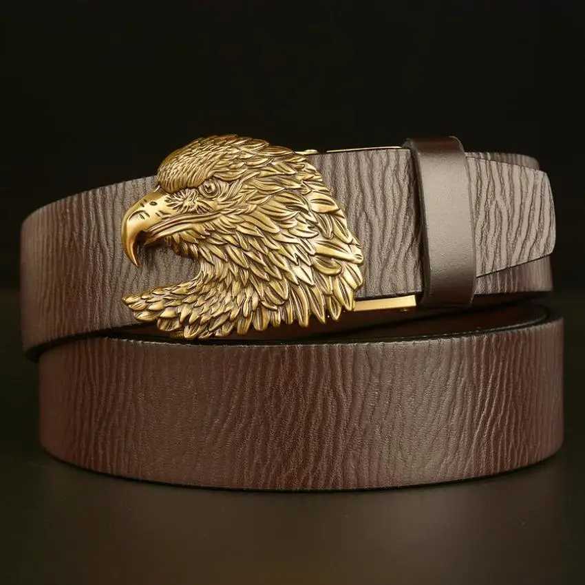 

Men Automatic Buckle Cowskin Genuine Leather Gold Silver Eagle Head Belt Hawk Jeans Waistabnd Quality Assurence BCD052