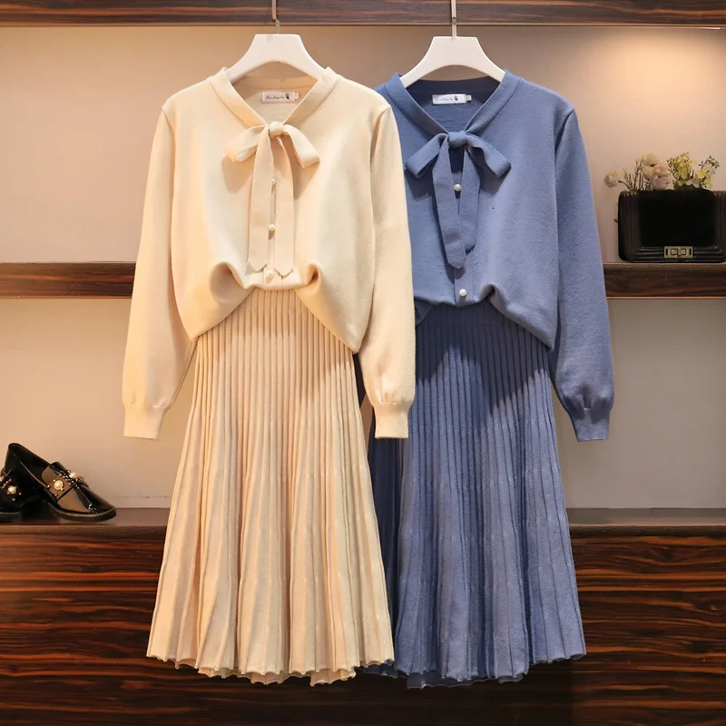 Осенне-зимний вязаный комплект размера плюс 2019 женский свитер с жемчугом и