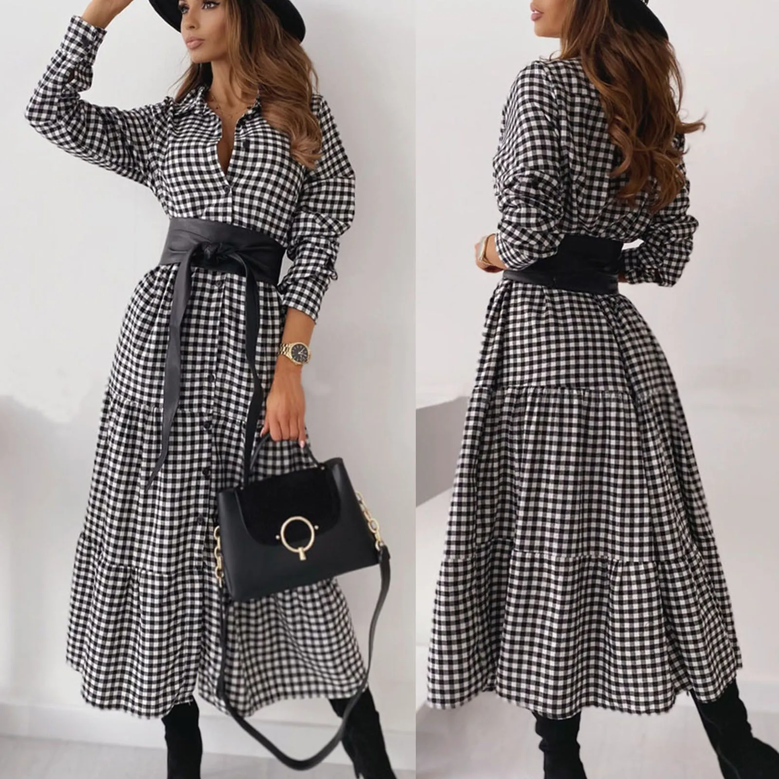 

2021 Summer Women Plaid Print Shirt Dress Long Sleeve Turn-down Collar Button Long Dress + Belt Elegant Ladies Dresses vestidos