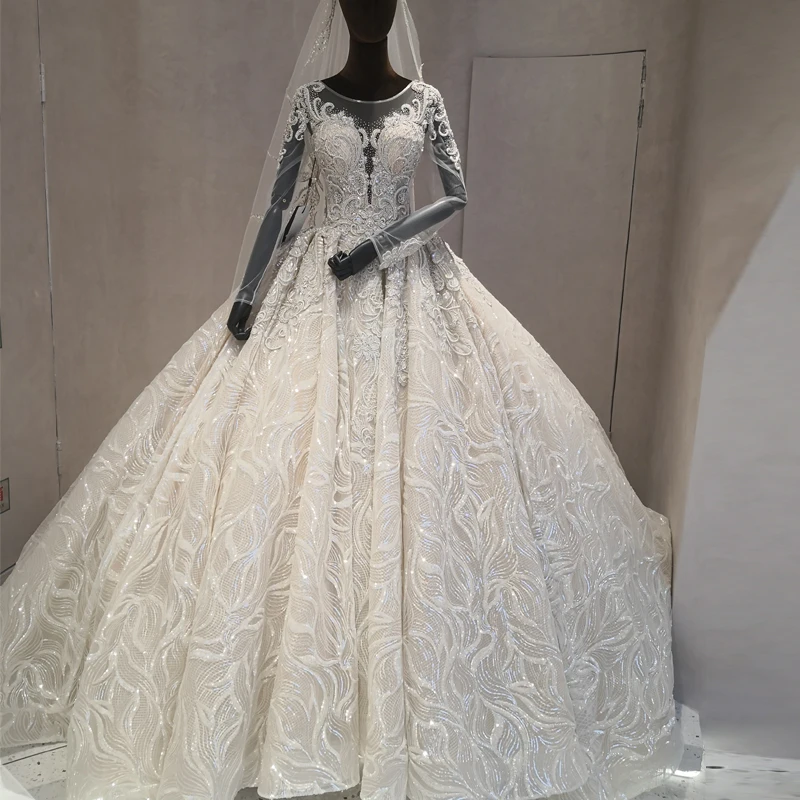 

New Arrival Luxury Beaded Wedding Dress Sheer Neck Long Sleeves Arabic Dubai Bridal Gown