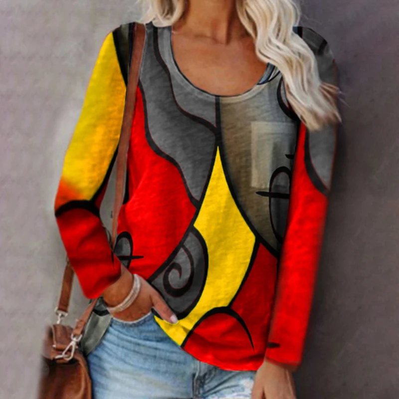 

Autumn Winter T-Shirts Women Clothing American Contrast Stitching Geometric Printing Casual Long-sleeve T-shirt Women 2022