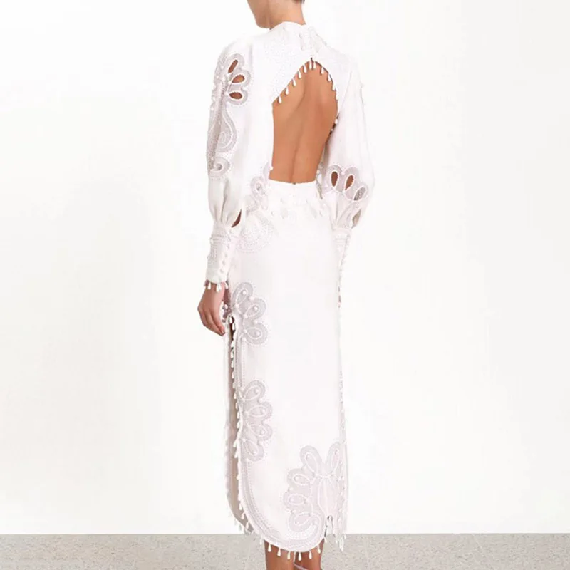 Высококачественное белое длинное винтажное платье знаменитостей с кисточками и