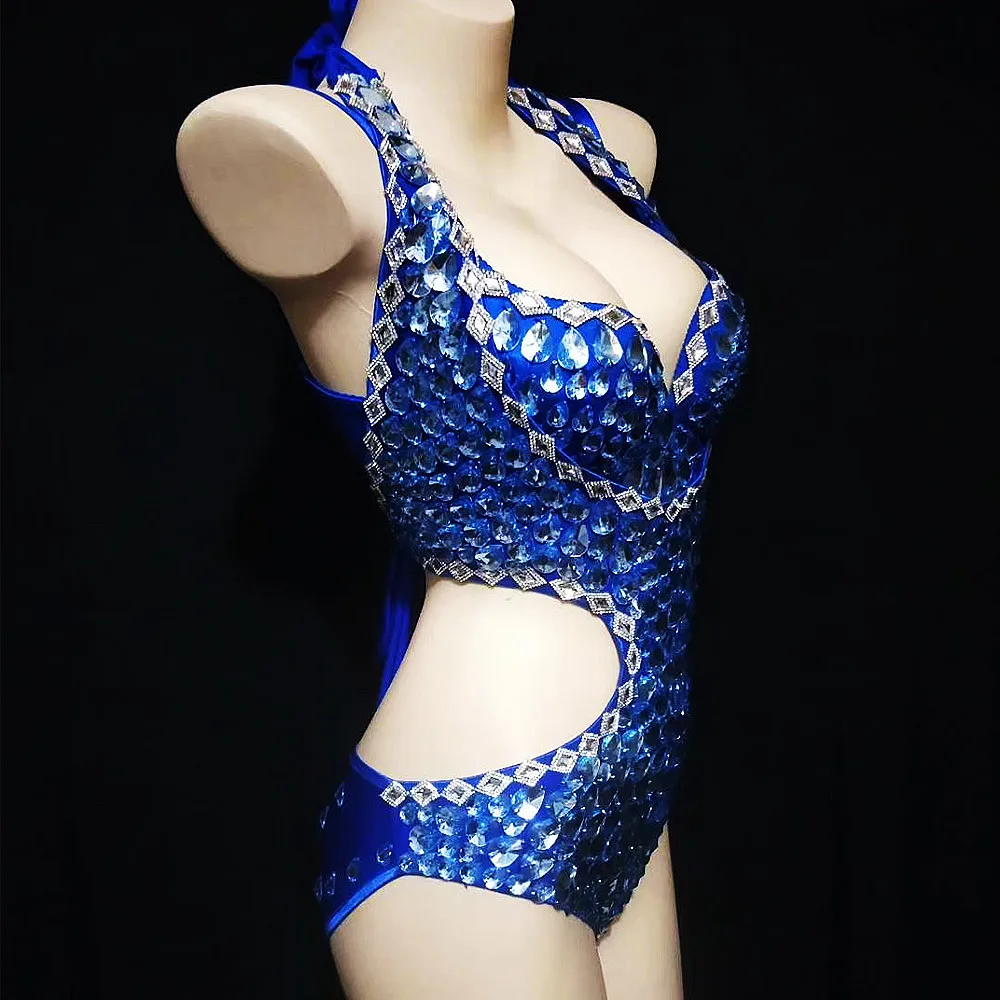 Синие Блестящие Стразы с цветочным крючком комбинезоны вырезом на поясе