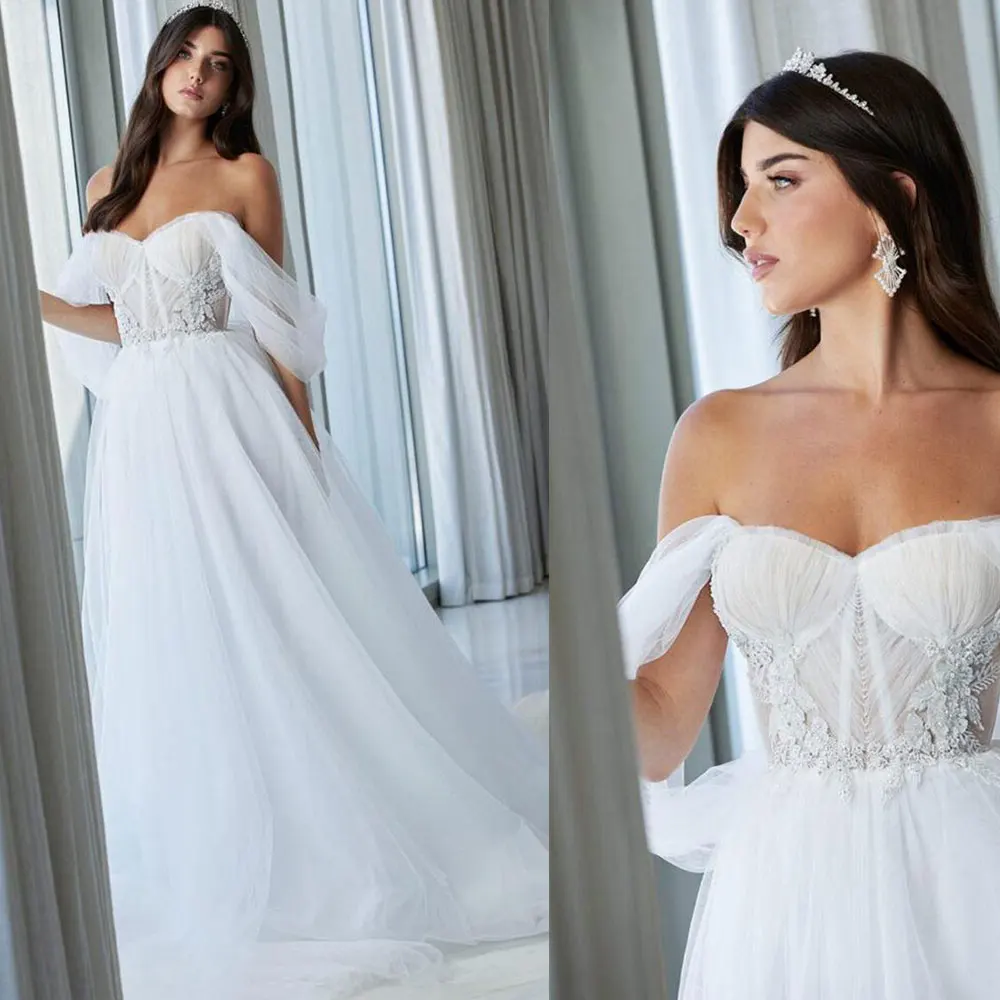 

Tulle Wedding Dresses Bridal Gown Lace Applique Beaded Off the Shoulder Sweep Train Custom Made Beach Vestidos de novia Elegant