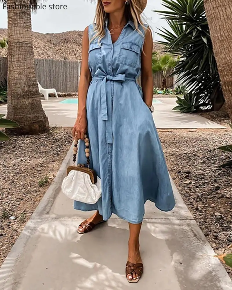 Женское джинсовое платье без рукавов с карманами на пуговицах | Женская одежда