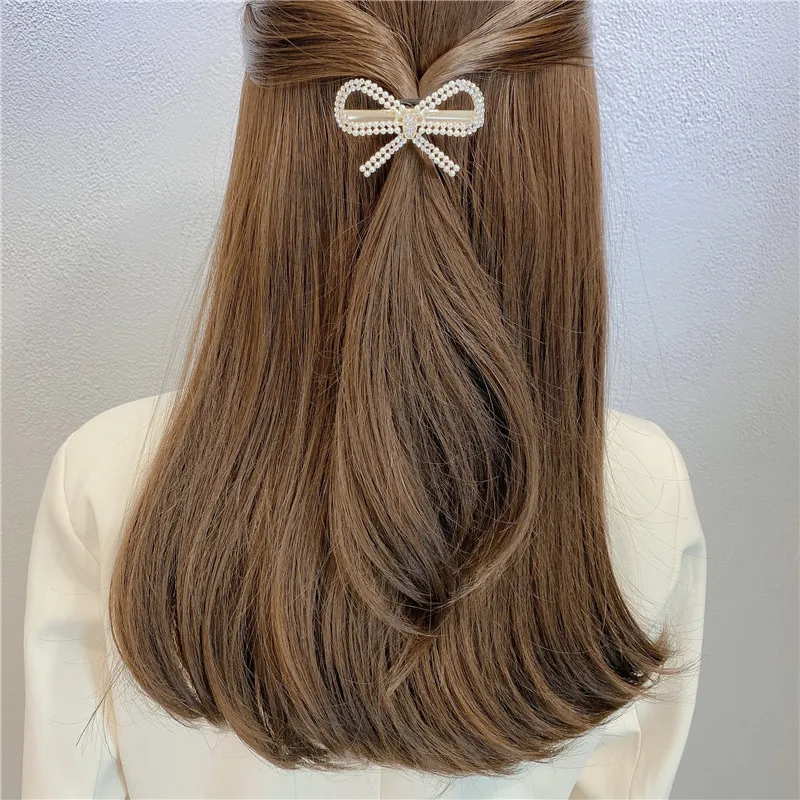 

Korean Style New Girl Hair Clip Simple Rhinestone Imitation Pearl Bow Heart Duckbill Clip for Women Fashion Hair Accessories