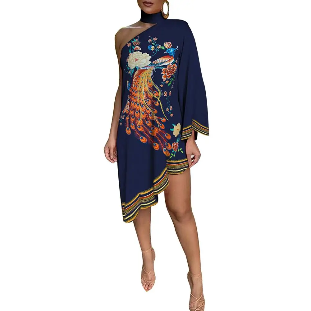 Plus size dress apparel Women Fashion Choker Peacock Print One Shoulder Irregular Ruffled Hem Dress plus size floral handkerchief hem cami dress