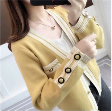 yellow sweater MUMUZI/ осенний свитер с открытым стежком; теплое пальто с карманами и шалью; кардиган с длинными рукавами для девочек; вязаная одежда на пуговицах спереди; куртки с v-образным вырезом - Цвет: yellow sweater