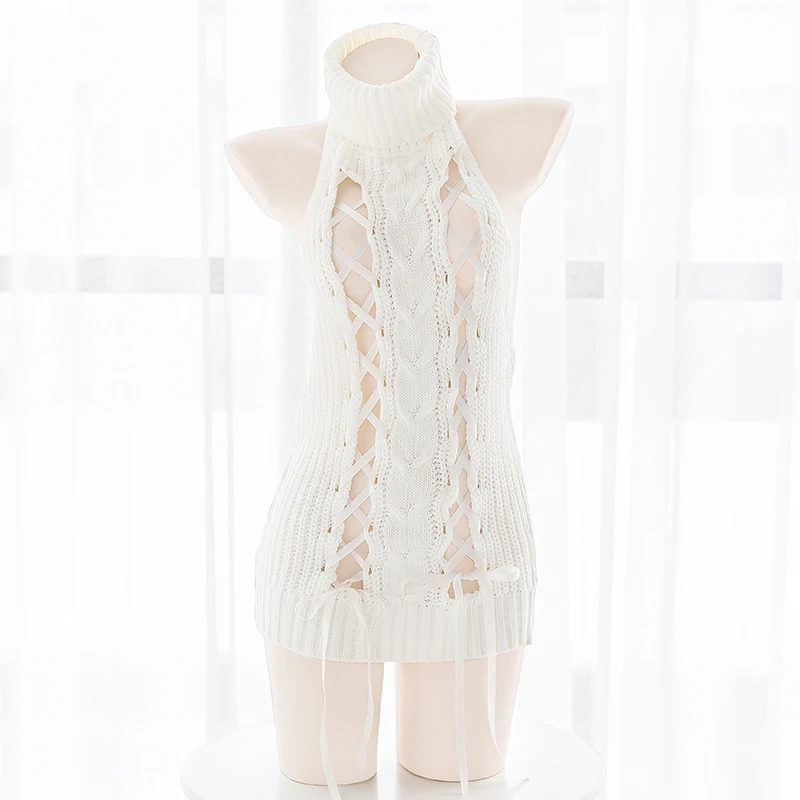 

Sexy Japan Anime Cosplay White Ribbon Virgin Killer Sweater Dress Lolita Girl Open Chest Turtleneck Knitwear Backless Bandge Top