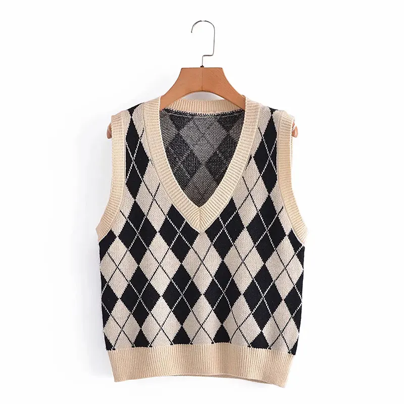

Nlzgmsj Za 2021 New Fashion Autumn Winter Knitted Plaid Women's Vest Knitted Tank Tops Female Knitwear 202106