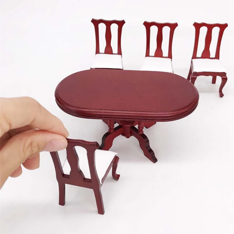 

5Pcs/Set 1:12 Dollhouse Miniature Furniture Dining Table Chair Set Wooden Toy for Dollhouse Decorations and Accessories