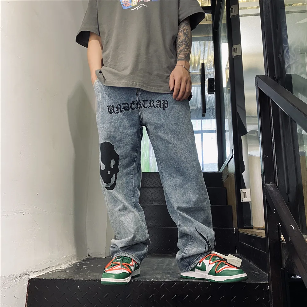 

Skull Printed Men's Denim Jeans Hip Hop Baggy Jeans Women Loose Straight-leg Pants Harajuku Style Trendy Casual Trousers
