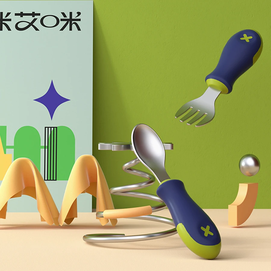 

Amboch Free Sample food grade stainless steel baby forkspoon suit baby children feeding tableware training auxiliary food spoon