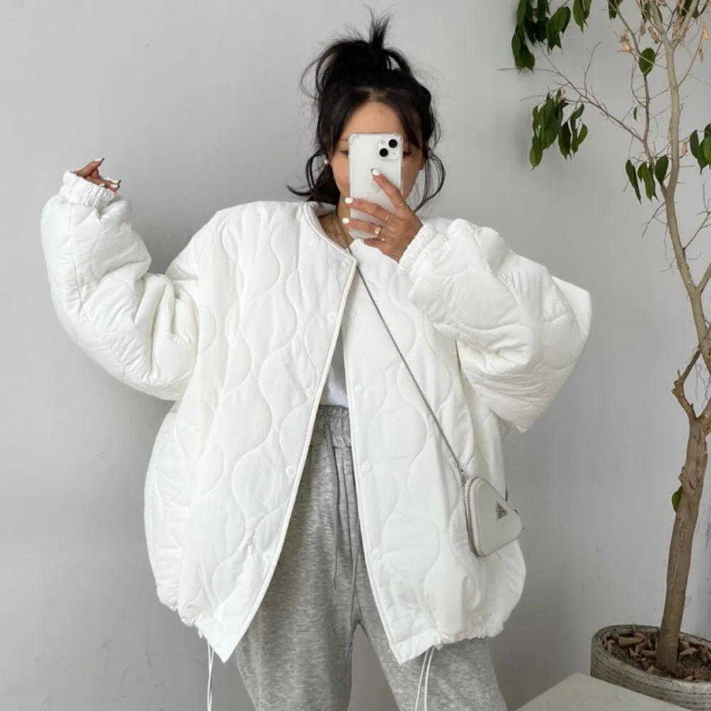 

Korean Loose Fashion Womens Cotton Padded Jacket 2021 Autumn Winter New Thicken Warm Solid Color Long Sleeve Round Neck Coat