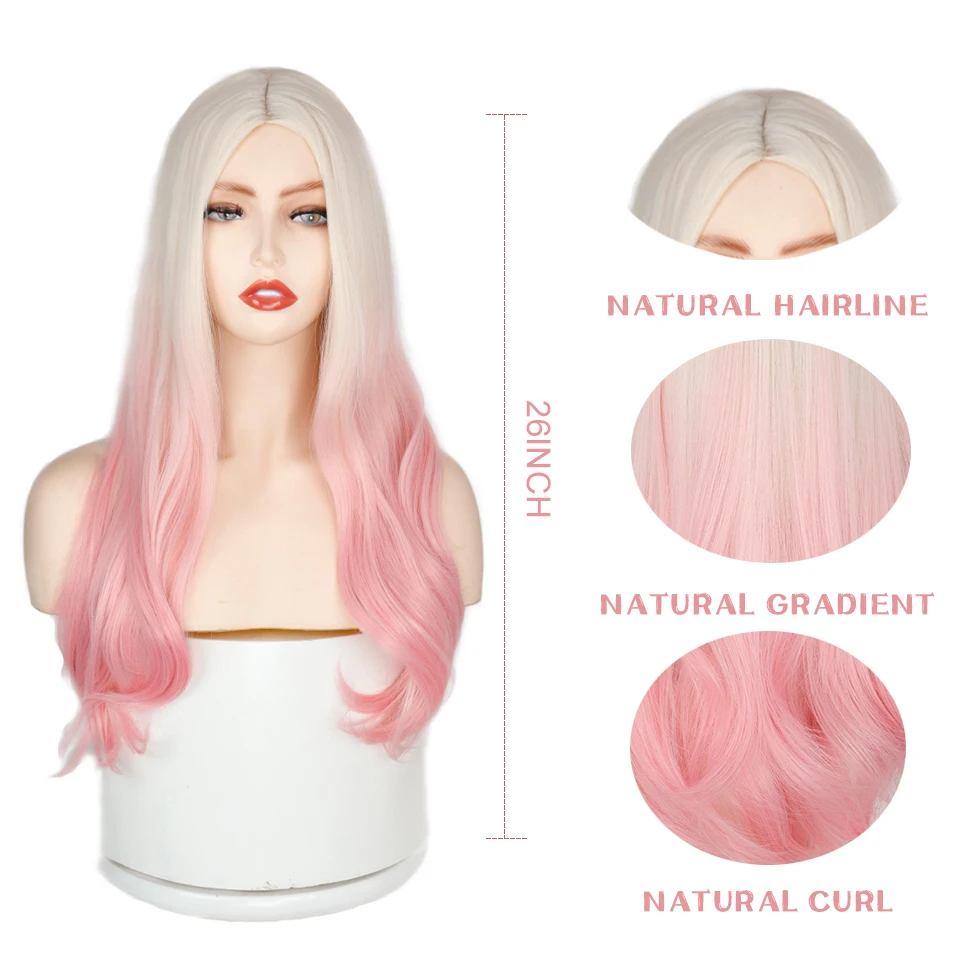 Synthetic Wig Long Wavy Wig Ombre Golden Wig Pink Wig Female Ahri KDA Cosplay Medium Natural Hair High Temperature Fiber Wig