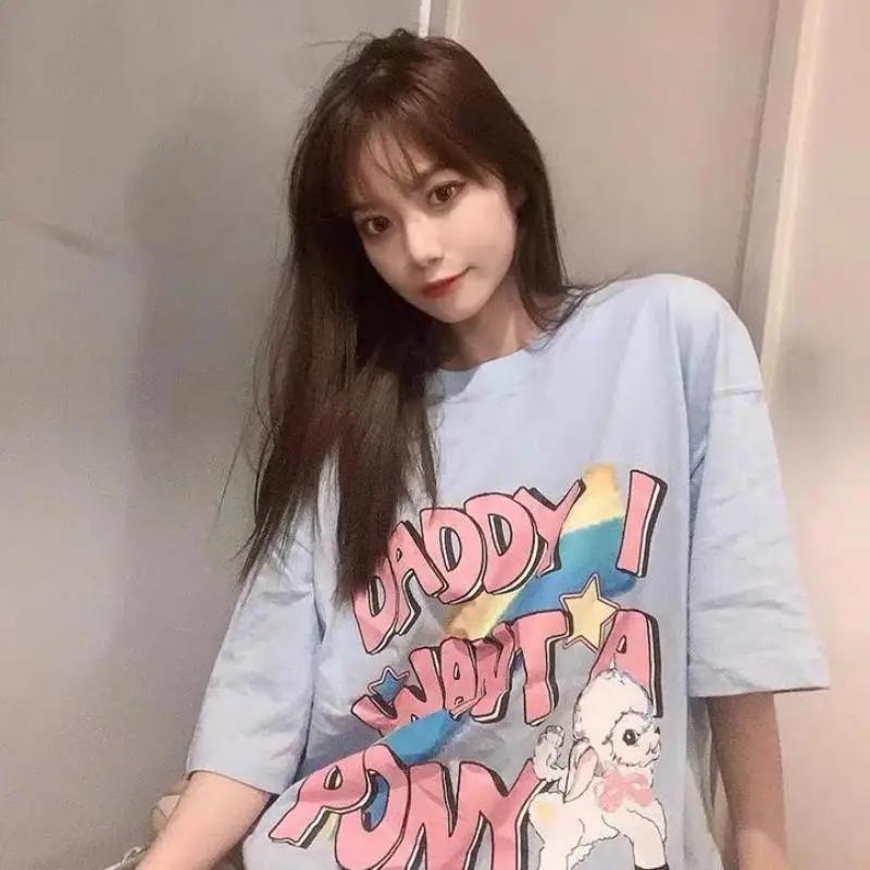 

Super Fire Baby Blue Short-sleeved Female T-shirt Summer Korean Version Of Ulzzang Tide Harajuku Loose Half-sleeved Tops Popular