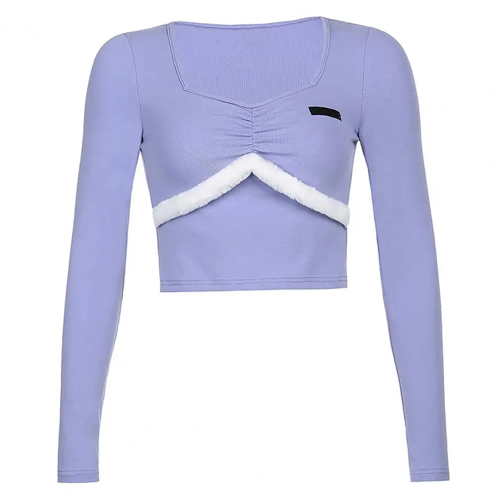 

Autumn Women Sexy T Shirt Long Sleeve Crop Top T-shirts for Women Plush Patchwork O Neck Pullovers Top Women Crop Top T-Shirts