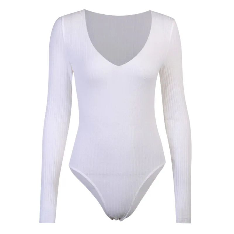 

Women V Neck Bodysuit Long Sleeve Bodycon Jumpsuit Solid Elastic Casual Party Bodysuits Tops