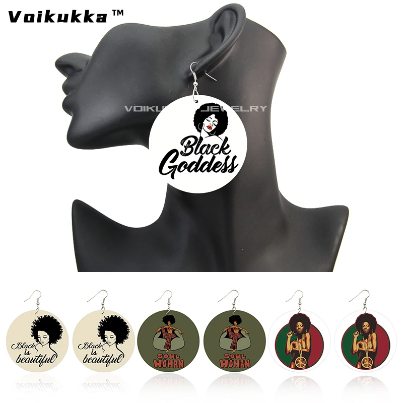 

Voikukka Jewelry Black Goddess Soul Women Wood Both Sides Printing Drop Dangle African Earrings For Gifts Accessories