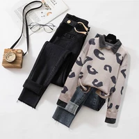plus size womens fat sister spring and autumn suit women loose fake two piece sweater slim jeans two piece suit