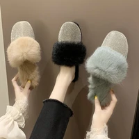womens home furry slippers fashion rhinestone warm flat shoes fluffy plush slides ladies cozy outdoor hairy cotton slippers