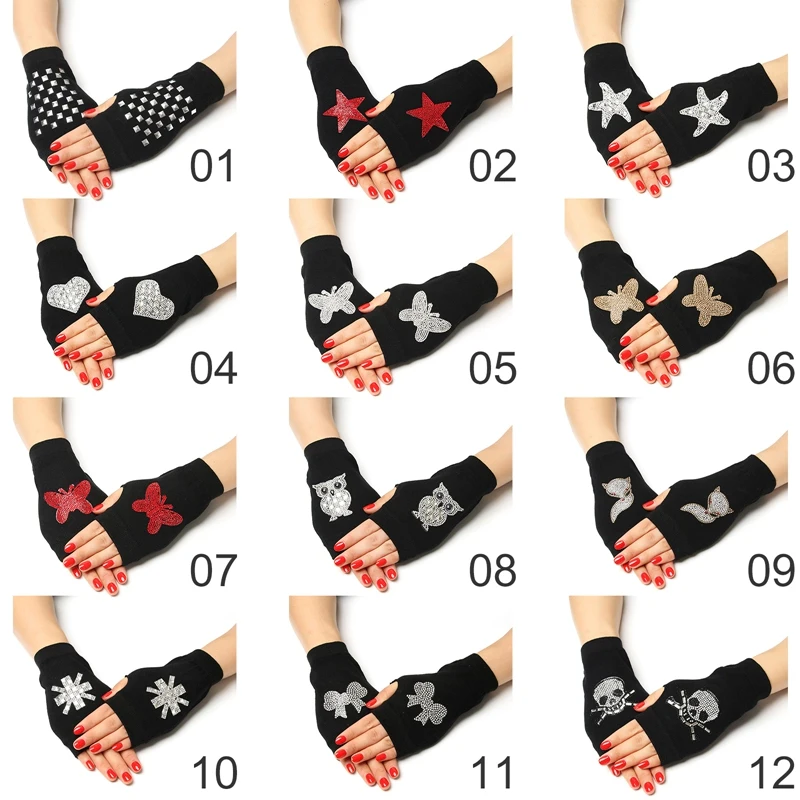 

Rhinestone Fingerless Gloves Women Men Sparkling Knitted Half Finger Warm Gloves Butterfly Owl Skull Bow Printed Lady Gloves