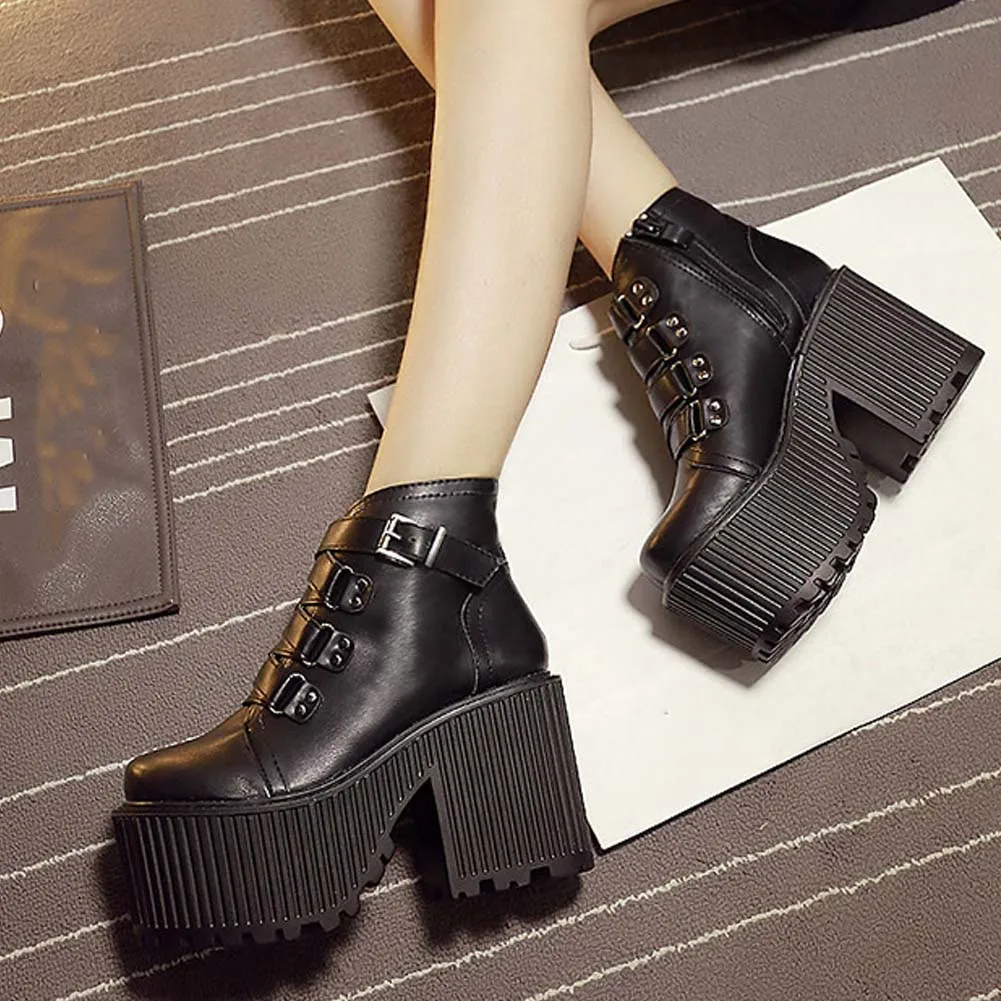 

BONJOMARISA Female Fashion Punk Cool Ankle Boots Black Bucckle Platform Boots Women Casual Fashion Round Toe Shoes Woman