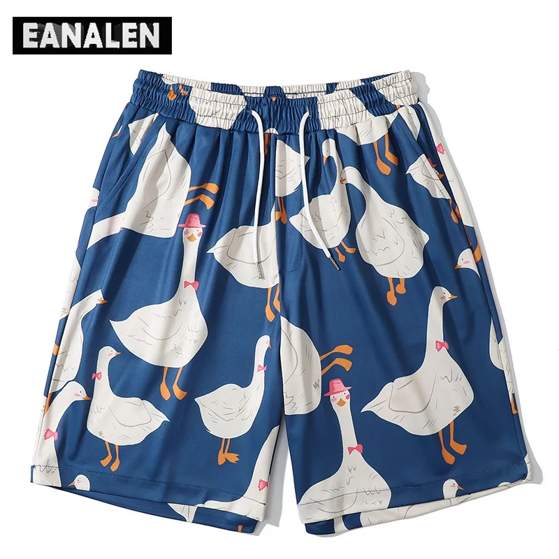 

Summer creative Swan duck graphic beach pants men's retro Harajuku sports quick-drying drawstring running basketball shorts show