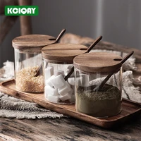 acacia wood base spice jars set airtight glass jar kitchen seasoning box storage container with spoon for salt sugar pepper