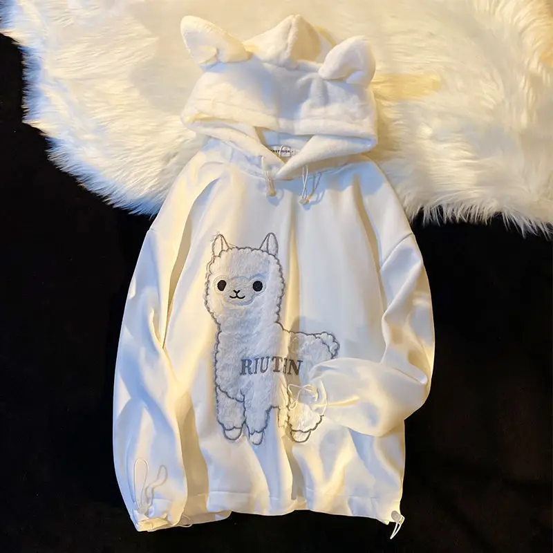 Толстовка с большими ушками и вышивкой альпака в стиле пэчворк кавайный пуловер