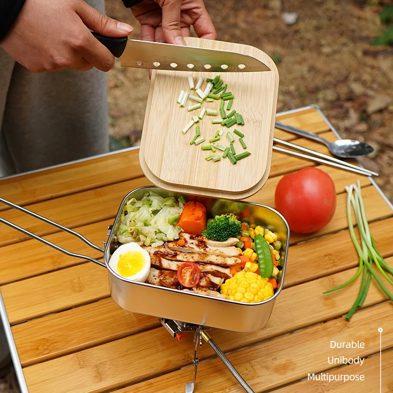 

304 Stainless Steel Lunch Box Outdoor Bamboo Chopping Board Cover Lunch Box Camping Barbecue Soup Pot Portable Picnic