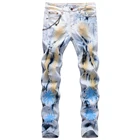 Мужские рваные джинсы с принтом кокосовой пальмы и цепочкой Y2K, уличная одежда, узкие Стрейчевые джинсовые брюки