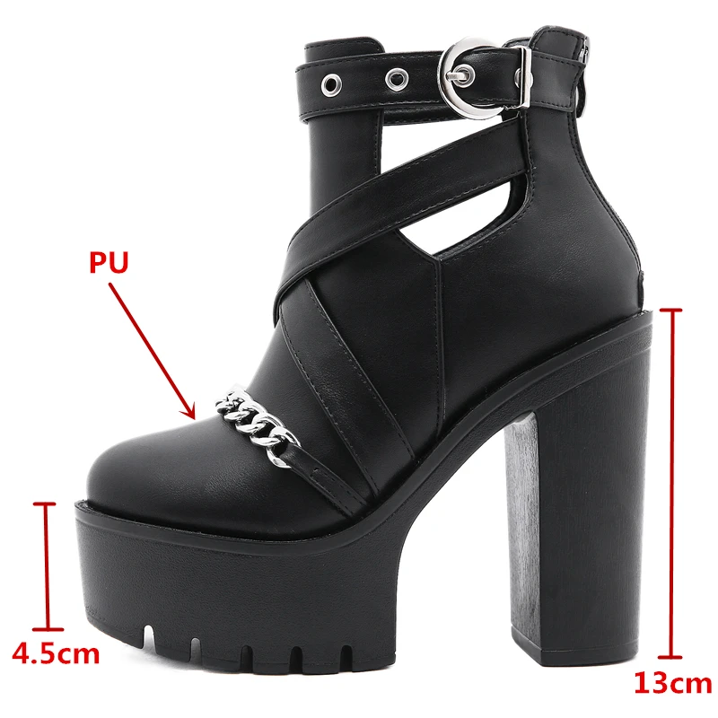 

GXCMHBWJ Punk Style Chain Decoration Women Shoes Zipper Square High Heeks Ankle Woman Boots Spring Autumn Platform Ladies Botas