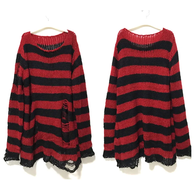 Yangelo Punk Gothic Long Unisex Sweater Women 2021 Striped Hollow Out Hole Jumper Loose Black Streetwear Pullover Top Female