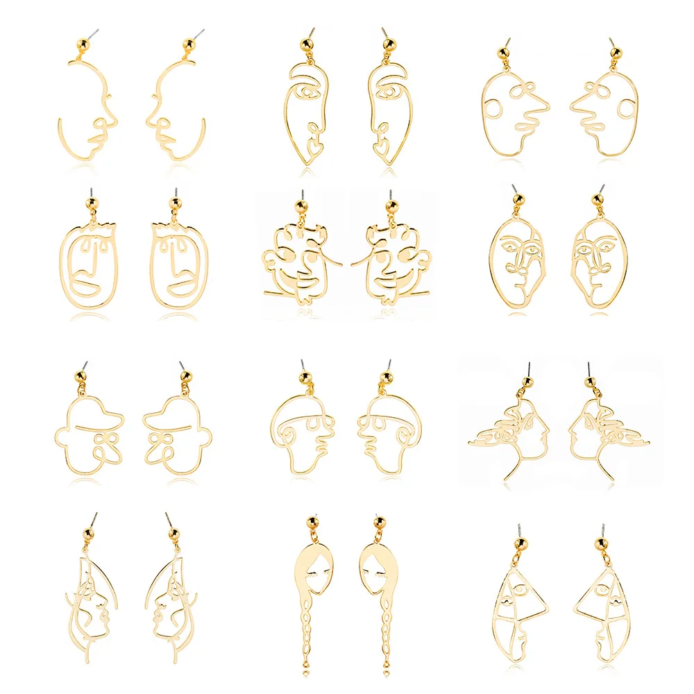 

12 Pair Abstract Hollow Face Earrings For Women Punk Gold Human Face Dangle Earrings Fashion Jewelry pendientes mujer moda