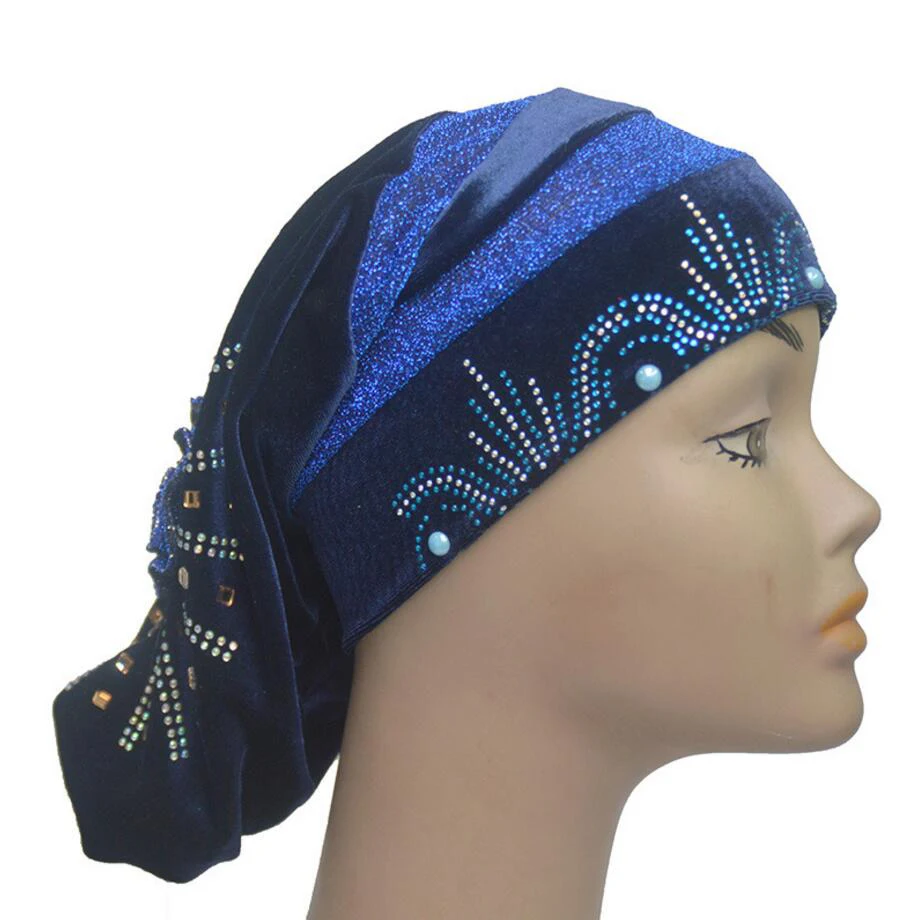 navy blue Мусульманские женские внутренние хиджабы простые бархатные тюрбан шапочки под хиджаб Стразы исламские волосы обертывание шарф повязка на голову Спящая Индия шапочки под хиджаб - Цвет: navy blue
