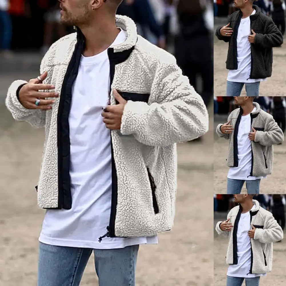 

Men Fashion Winter Long Sleeve Warm Stand Collar Faux Fleece Zipper Pocket Warm Coat Jacket