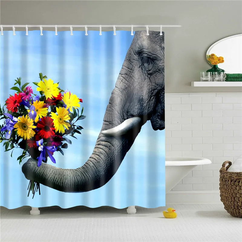 TZ170515 Animals Elephant Shower Curtains Pattern Bathroom Curtain Set Nordic Polyester Bath Screens Waterproof With Hooks - Цвет: TZ170515