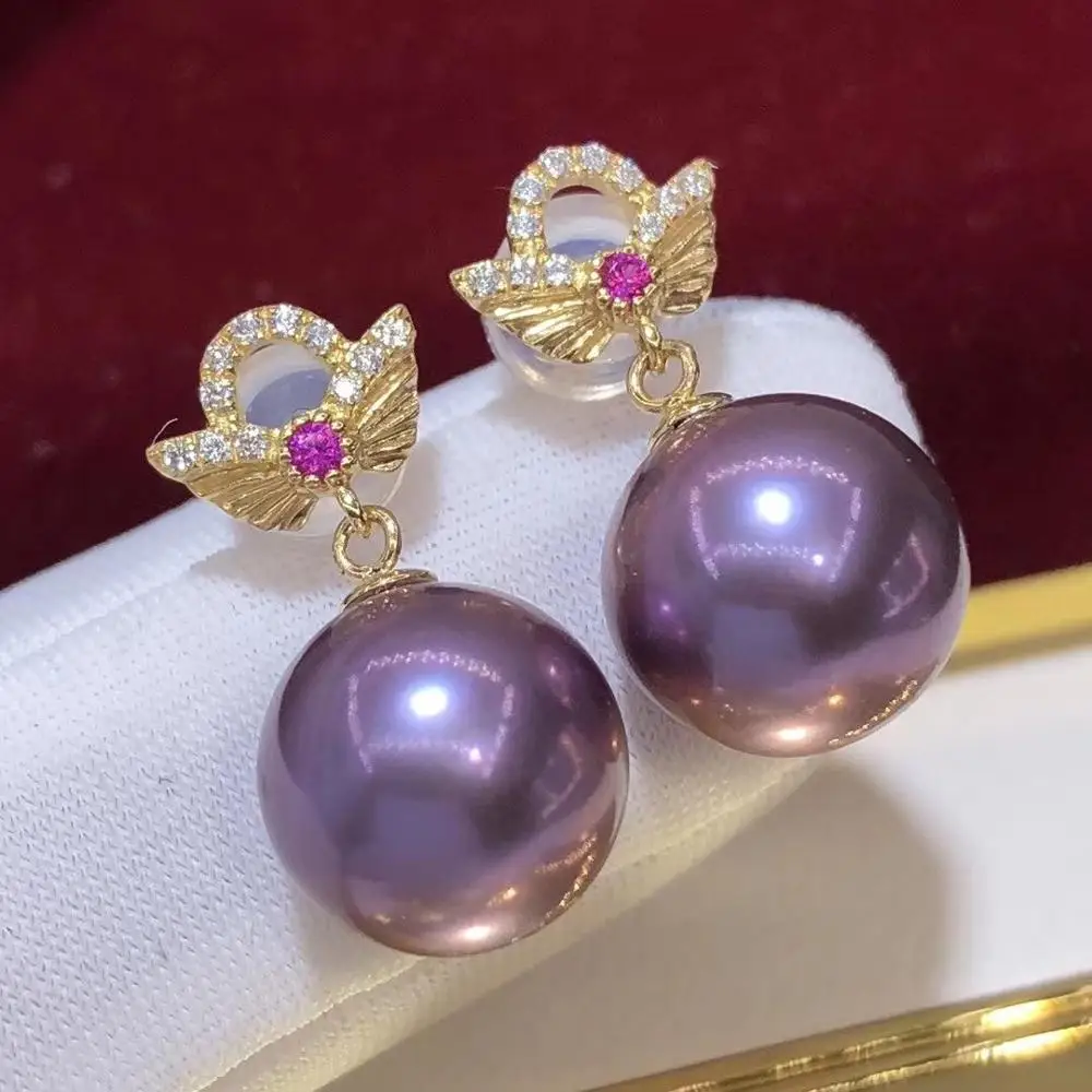 

D607 Pearl Earrings Fine Jewelry Solid 18K Gold Zircons Round 9-10mm Nature Fresh Water Purple Pearls Drop Dangle Earrings