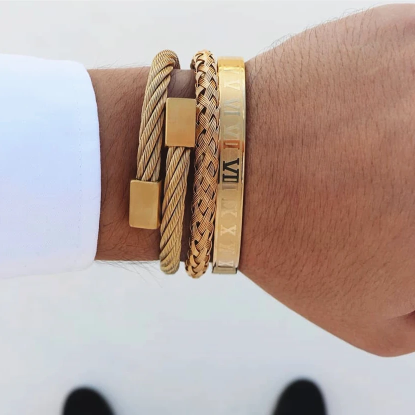 

Juneleaf 3pcs/Set Stainless Steel Bracelet Hip Hop Men Jewelry Roman Number Charm Gold Color Jewelry For Men Pulseira Bileklik