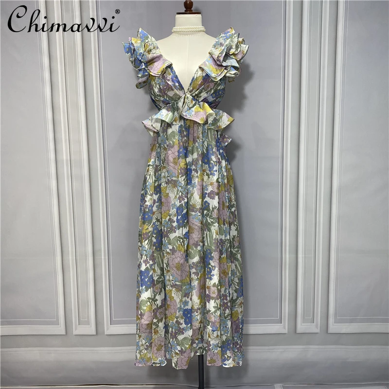 

2021 New Summer Ladies French Ruffles Deep V-neck Backless Floor Length Dress Women's Fashion Lace Printing Large Swing Dress