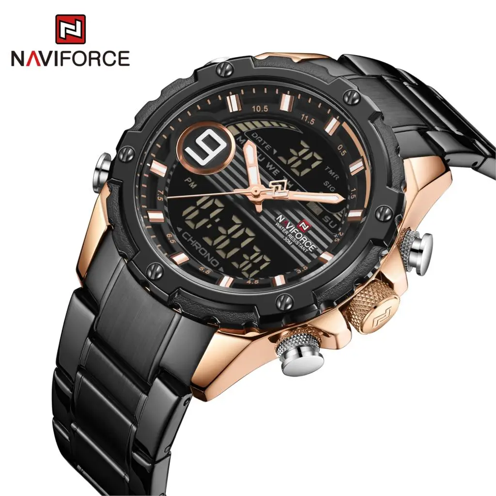 

Часы наручные NAVIFORCE мужские с хронографом, брендовые деловые аналоговые цифровые водонепроницаемые, из нержавеющей стали, 3ATM