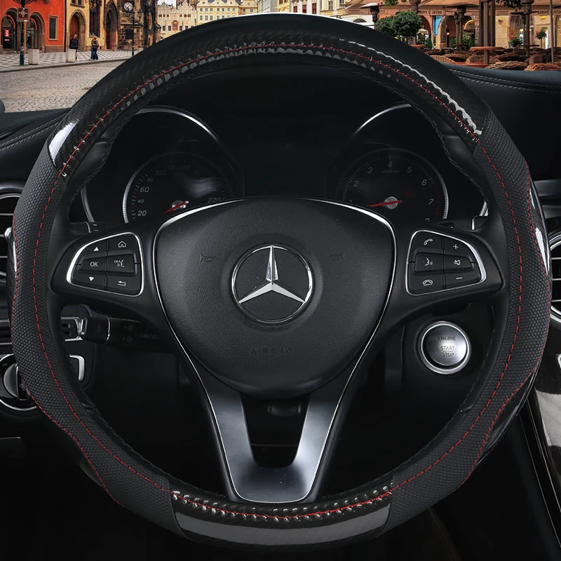 

Carbon Fiber Cowhide Car Steering Wheel Cover 38CM Non-slip Wear-resistant Sweat Absorbing Fashion Sports Steering Wheel Cover
