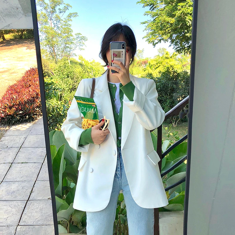 

Chic Loose Light Green Women Blazer Summer One Button Female Suit Jacket Full Sleeve Outwear blaser femme Spring 2021