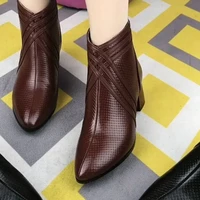 british women weave booties for winter 2021 front zipper ladies pointe toe shoes female brown fashion soft leather ankle boots