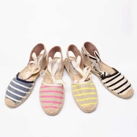 2019 summer new lace up flat shoes womens linen bottom canvas stripe womens sandals casual breathable womens shoes