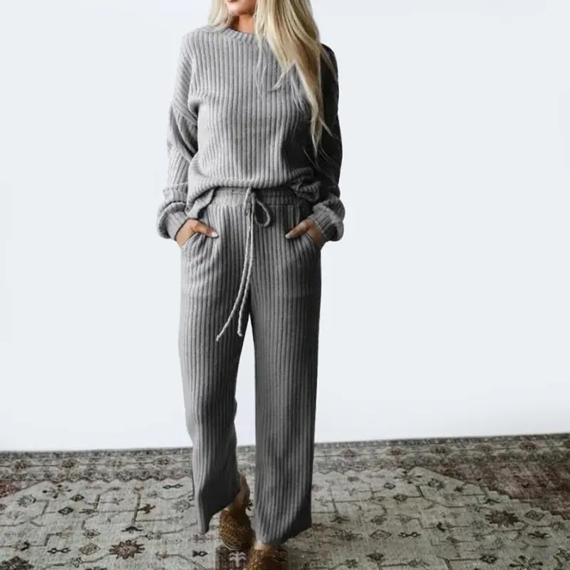 

2021 Autumn Spring Knitted Two Piece Sweatershirt Set Women Wide Leg Pants Suit Loose Solid Casual 2 Piece Set Tracksuit