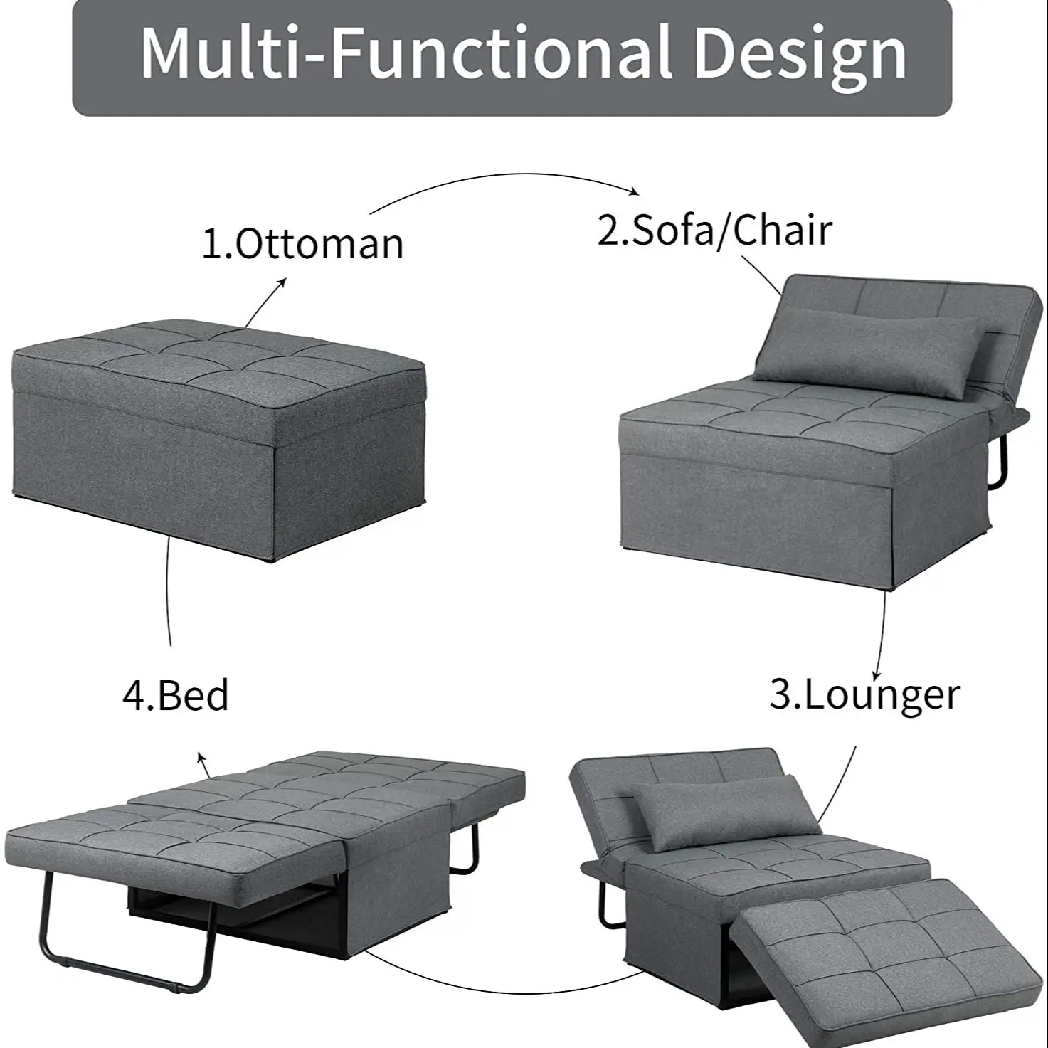 Sofa Bed 4 in 1 Multi Function Folding Ottoman Sleeper Modern Convertible Chair Adjustable Backrest Couch for | Мебель