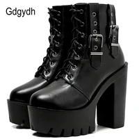 gdgydh spring autumn black ankle boots for women nightclub high heels shoes gothic belt buckle korean thick with short boots